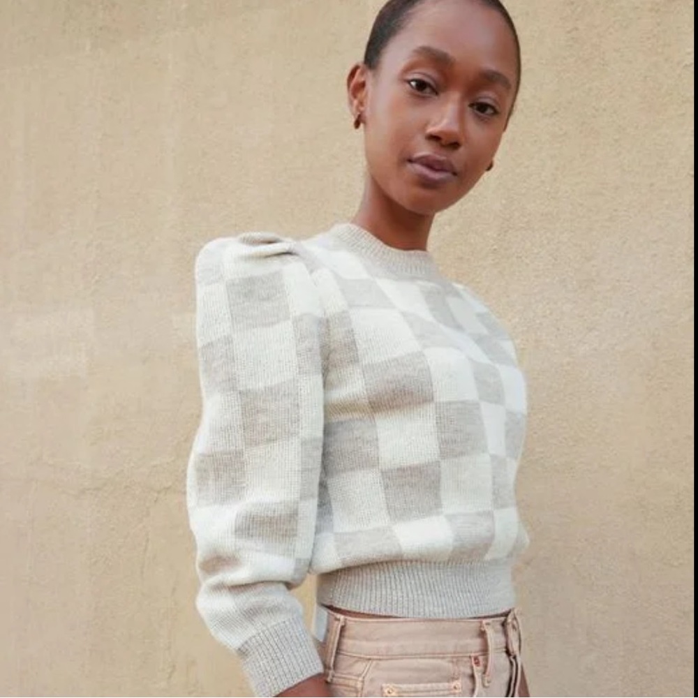 Loeffler Randall Cream and Gray Checkered Sweater